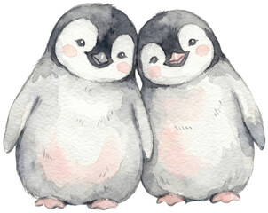 Two Baby Penguins Together in Gentle Watercolor Illustration
