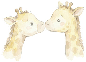 Cute Watercolor Illustration of Two Baby Giraffes Touching Noses
