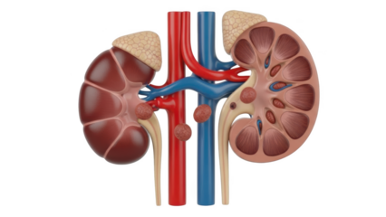 Human kidney anatomy cross section with adrenal glands and major blood vessels medical science