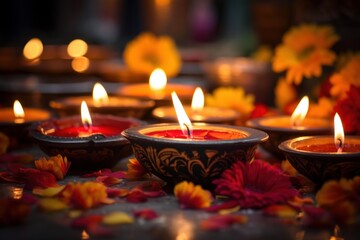 Oil lamps burning brightly for a hindu festival celebration with flower petals
