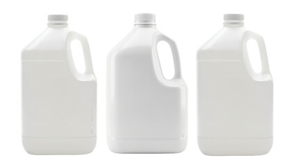 Three identical white plastic jugs arranged horizontally against a dark backdrop. Each has a handle and a screw-on cap