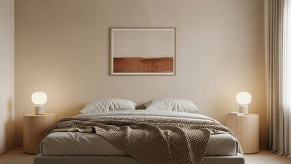 Serene and minimalist bedroom featuring a plush, light beige upholstered bed with a textured woven throw blanket casually draped across it, illuminated by soft, warm light from spherical bedside lamps