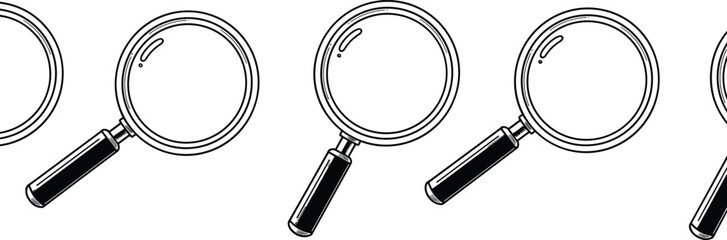 Magnifying glass icons set, search and inspection tools collection, black and white vector illustration, minimal line art symbols for analysis © Hello World