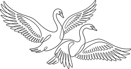 Elegant continuous one line drawing of two swans flying with spread wings for minimalist wedding decor, graceful bird vector art illustration. © Itz Joydip