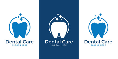 Dental care tooth logo with sparkle icon