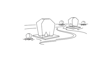 Fototapeta premium Black and white illustration of several illuminated lanterns floating on a meandering river. Some are geometric, others simpler