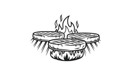 Black and white illustration of three circular objects grilling above flames, suggesting a cooking process. Features grill marks on top