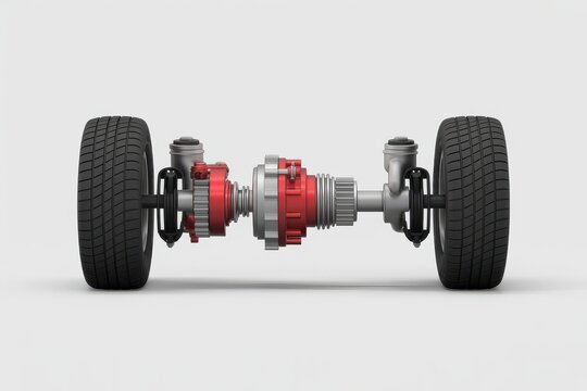 Automotive rear axle assembly with differential and wheels car part automobile mechanical