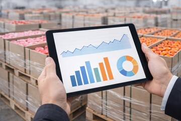 An Individual Analyzing Data on a Tablet Amidst a Warehouse Filled with Colorful Inventory, Highlighting Trends in Supply Chain Management