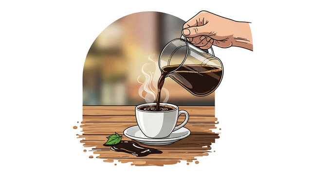 An illustration shows the act of pouring freshly brewed, steaming coffee from a glass carafe into a white cup on a saucer