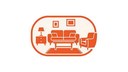Fototapeta premium An illustration presents an interior scene within a stylized oval. It features orange furniture a couch, armchair, table, nightstand, rug, and framed pictures