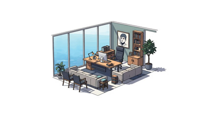 An isometric cartoon illustration depicts a stylish office space with a large window overlooking a vast body of water. Furnishings include a desk, couches, and bookshelves © bunga