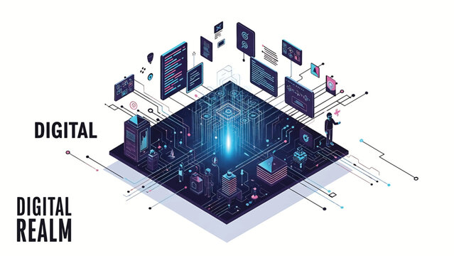 An isometric cityscape illustration depicts the digital realm. It shows a central light pillar, buildings, people, and data streams
