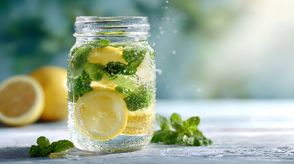 Herbal wellness drink with lemon ginger and mint in clear glass jar with condensation on light tabletop in natural daylight wellness setting  
