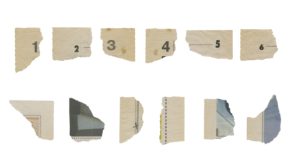 Set of torn pieces of newspaper isolated on transparent background.