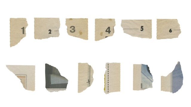 Set of torn pieces of newspaper isolated on transparent background.
