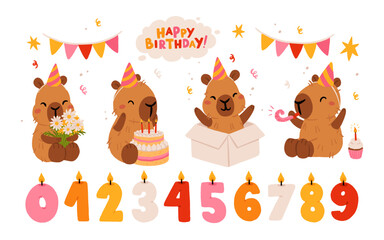 Happy birthday party set with cute capybaras. Vector collection of Funny amusing capybara characters celebrating birthday. Childish baby adorable nice animals cliparts.