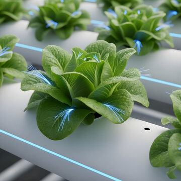 Futuristic Hydroponic Lettuce with Smart Fiber Optic Sensors for High-Tech Indoor Farming