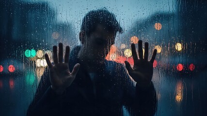 Somber Young Man Behind Rain-Soaked Window in Urban Setting Reflecting Emotions and Loneliness