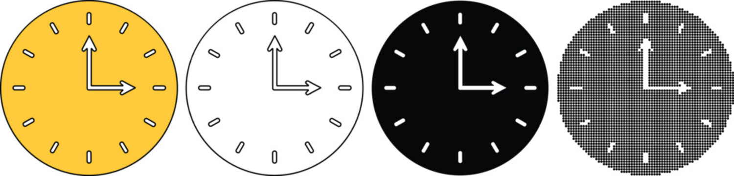 Four variations of a clock showing 3 oclock yellow, outline, black, and checkered pattern