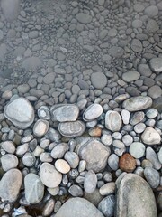 Top view of diverse river stones and small grey pebbles underwater, featuring smooth textures and natural mineral patterns.