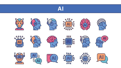 Obraz premium Artificial intelligence concepts illustrated with human heads and brain icons