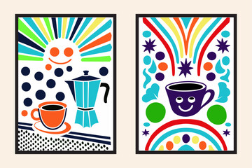 Pop art&ndash;inspired coffee poster, 1960s aesthetic, halftone dots, bold outlines, smiling coffee cup, retro color palette, vintage caf&eacute; wall art