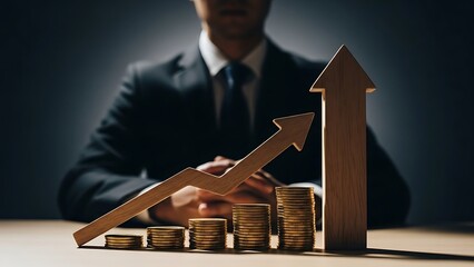 Businessman analyzing financial growth with coins and arrow graph