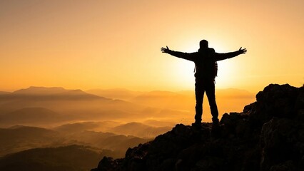Silhouette of Person Standing on Mountain Peak at Sunrise