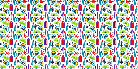 Seamless retro pattern with bold geometric shapes, 1970s color palette, mustard yellow, burnt orange, avocado green, flat design, vintage texture