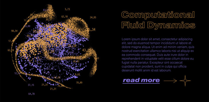 Swirling particle clusters in orange and purple hues on black, dotted with numerical values evoking simulation data. Conceptual vector illustration for computational fluid dynamics.
