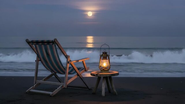 A tranquil beach scene at dusk with a deck chair and lantern under the moonlight
