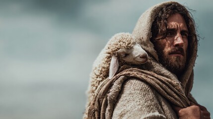 Jesus, son of God, carrying a sheep (copy space)