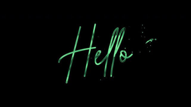Word hello in glowing green cursive on black, vibrant design suitable for greeting cards, social media posts, presentations, and websites.