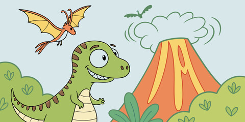 Cartoon dinosaur and flying pterodactyl near an active volcano © Whab