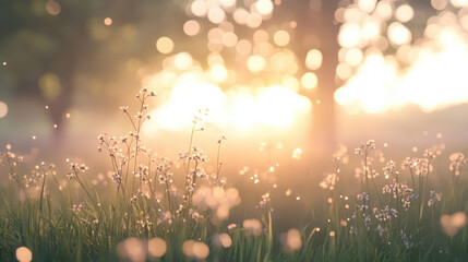 Sunlit meadow wildflower grass bokeh sunrise soft light nature morning bloom sunlight