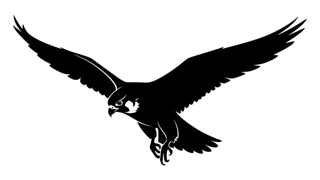 Silhouette image of a majestic falcon soaring with wings fully spread in powerful flight, representing speed, precision, and predatory sharpness for logo design concept.