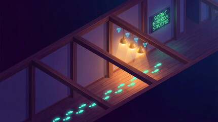 Smart energy saving technology in corridor with motion activated pendant lamps, wi-fi controlled lighting system and glowing footsteps tracking, modern interior 3d illustration.