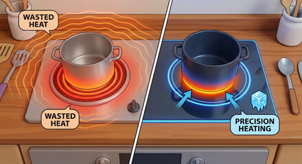 Split screen comparison of wasted heat from traditional coil stove versus precision induction heating technology, energy saving and modern kitchen appliance comparison illustration.