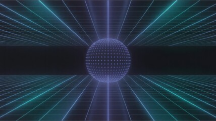 Futuristic neon grid with glowing purple sphere and blue lines