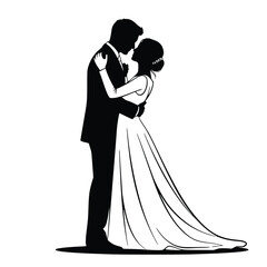 Fototapeta premium Silhouette illustration of a newly married bride and groom sharing an intimate, romantic embrace after their wedding ceremony