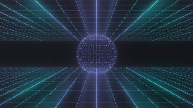 Futuristic neon grid with glowing purple sphere and blue lines - Powered by Adobe