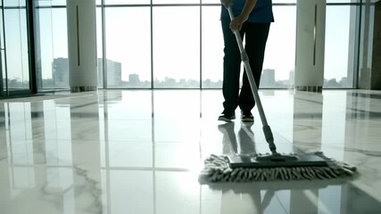 Woman in blue uniform cleaning large room with mop on shiny floor, showcasing professional janitorial service.
