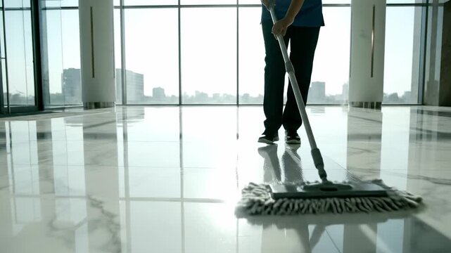 Woman in blue uniform cleaning large room with mop on shiny floor, showcasing professional janitorial service.