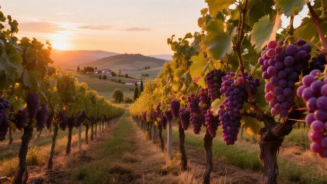 Vineyard in sunset, purple grapes hang between ridges