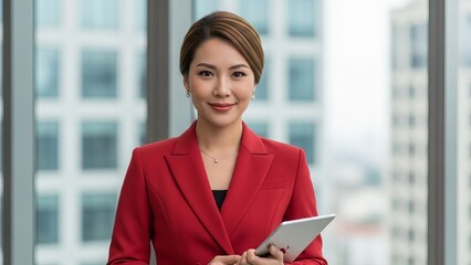 Smiling Businesswoman Holding Tablet in Modern Office.
