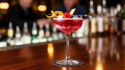 Cocktail on Bar Counter with Garnish.