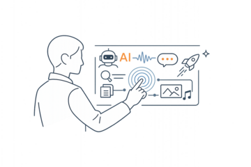 DXや業務効率化を推進するAI、チャットボットとテクノロジーの概念図