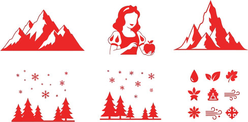 Snow white with mountains and forest elements a beautiful red silhouette on transparent background © Lhvect02