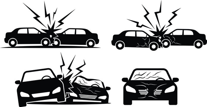 Car crash scenes in black and white silhouette on transparent background